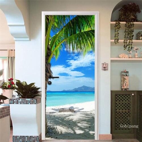 3D Beach Landscape Door Sticker Modern Living Room Bathroom Pvc Waterproof Self Adhesive Mural Wallpaper for Walls 3D Stickers