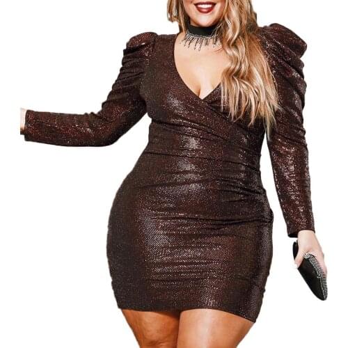 Adogirl Plus Size 2XL-6XL Sequins Gilding Women Party Dress Wrap V Neck Long Sleeve Bodycon Mini Night Club Dresses