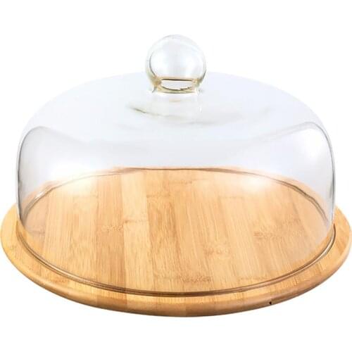 Wood Serving Tray Dessert Dishes Dining Room Tableware Pastry Tray Household Breakfast Food Cake Storage Plate With Glass Cover