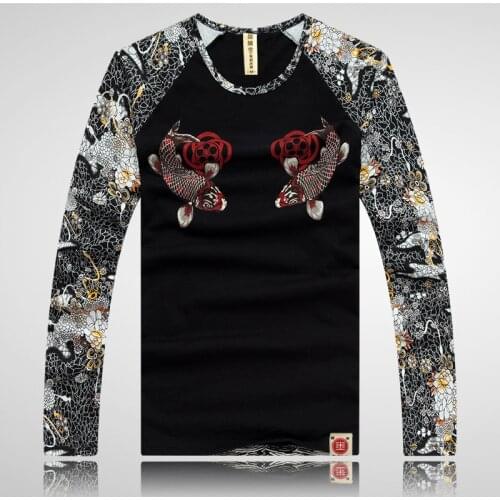 Japanese Tattoo Flower Arm Printing Cotton Long-Sleeved T Shirt Mens Slim Fitted Cherry Carp Pattern Tops Tee Shirts