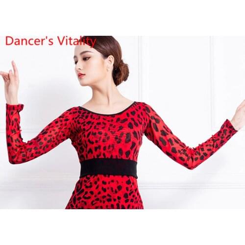 Ballroom Dance Wear Top Modern New Clothes Long Sleeves Waltz Outfits Red Leopard T-shirt National Standard Competition Garment