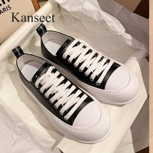 Kanseet Genuine Leather Lace Up White Black 2021 Women Sneakers Flat New Arrival Casual Shoes For Girls Spring Single Sport Shoe