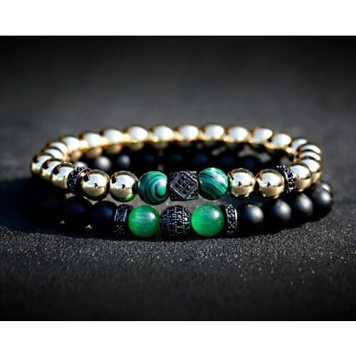 Luxury Men Bracelet Set Natural Onyx Stone Beaded Elastic Bracelet Black Zircon Ball Copper Bracelet Bileklik Pulseras