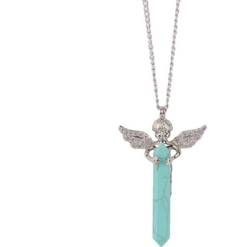 Silver Color Metal Alloy Chain Angel Wings Blueturquoise/Pink Crystal Natural Gem Stone Pendant Women Necklaces