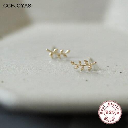 CCFJOYAS 14K Gold Plated 925 Sterling Silver Light Olive Branch Leaf Stud Earrings for Women Simple INS Piercing Small Earrings