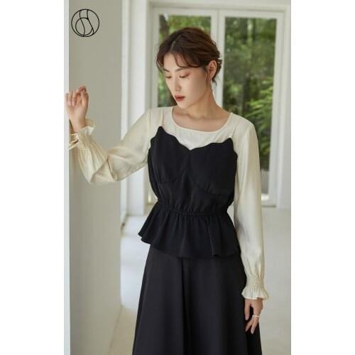 DUSHU Woman Top French Contrast Color Fake Two-piece Top Tucked Waist Design Slim Top Women Long Sleeve Shirt Women Blouses