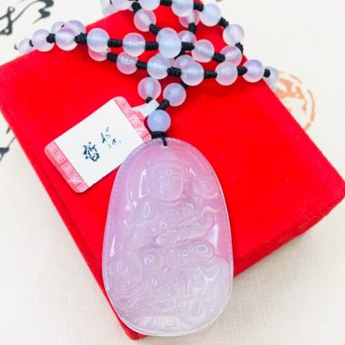 Natural Brazilian Ice Jade Jade Carved White Patron Saint Pendant with Chalcedony Bead Necklace Mens Womens Sweater Chain