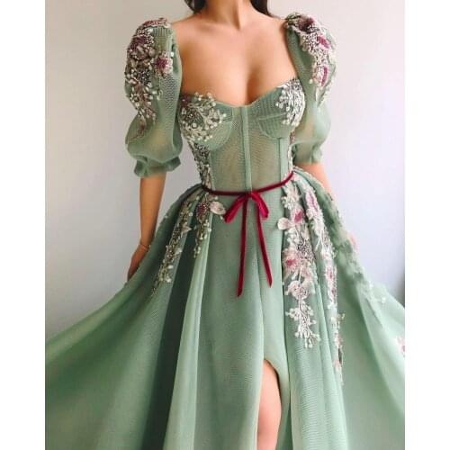 Prom Dresses Lace Appliques High Side Split A Line Evening Gowns Custom Sweep Train Guest Party