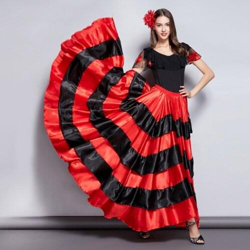 Adult Gypsy Skirt for Women Spanish Flamenco Skirt Striped Satin Big Swing Belly Dancing Skirts Team Performance Stage Dancing