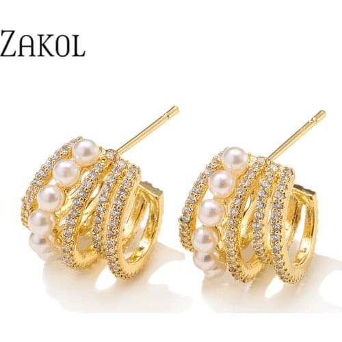 ZAKOL High Quality Cubic Zirconia Geometric Stud Earrings for Women Exquisite Imitation Pearls Wedding Jewelry 2021 New EP2874