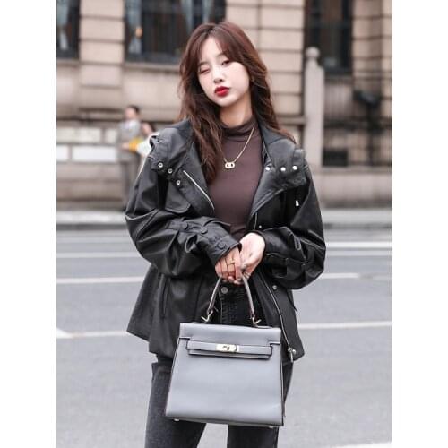 Anyin leather womens short 2021 new spring and autumn leisure small leather hooded sheep leather jacket