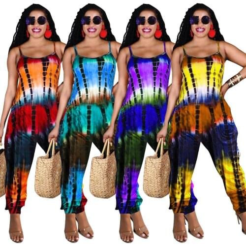 Summer Casual Loose Tie Dye Print Striped Overalls for Women Sexy Streetwear Spaghetti Strap O Neck Jumpsuit Women Romper Outfit