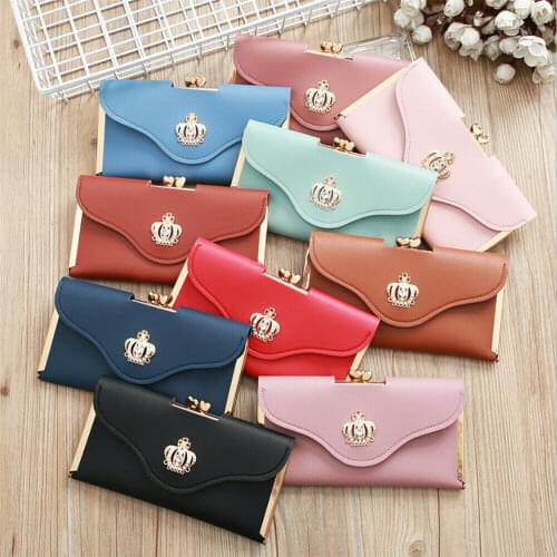 Ladies Buckle Wallet Elegant Crystal Diamond Crown Decorated Long Card Holder Clutch Bag Case Female Retro Leather Purse Handbag