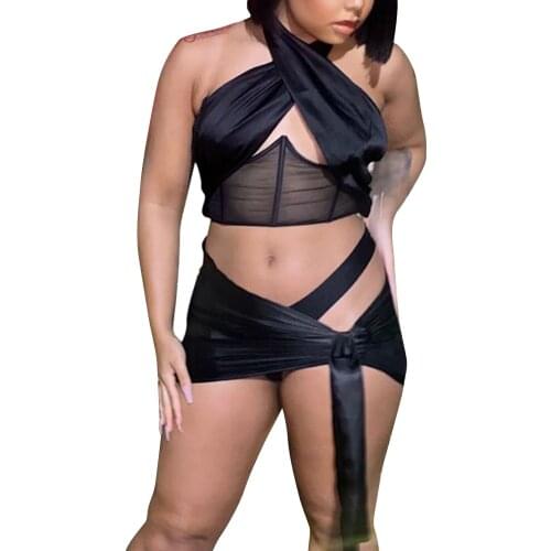 2Pcs Women Summer Outfit Solid Color Sheer Hollow Backless Crop Tops + Irregular Strappy Skirt for Girls Black