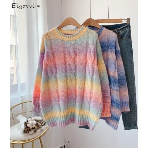 Rainbow Striped Round Neck Sweater Women Spring And Autumn Thickened Twist Loose Pullover 2021 New Lazy Wind Knitwear Tops