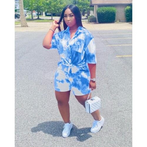 2021 Best Quality Famous Brand 2 pcs Women Set Tie Dye Turn-down Collar Blouse and Shorts Summer Casual Outfits