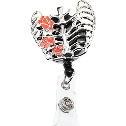 10 pcs/lot Free Shipping Rib Cage Rhinestone Retractable Nurse Id Badge Holder Reel