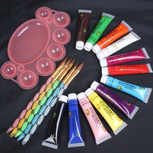 12 Color 3D Paint Tube Draw Painting Acrylic Nail Art 12ml & 5 Pcs Pen Pallet