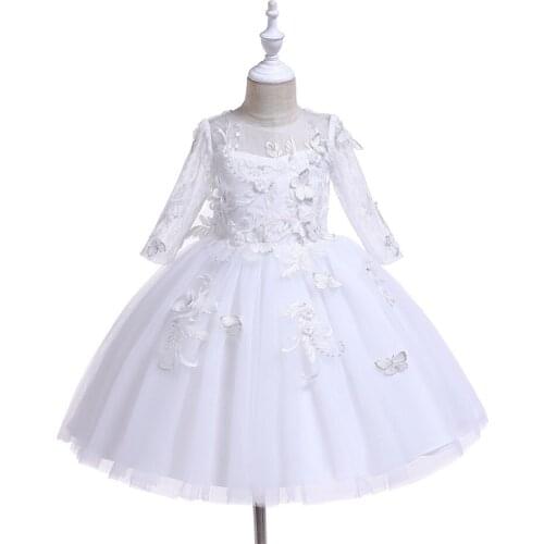 2020 Elegant Flower Girls Dress Kids Lace Sleeves 3D Butterfly Applique Bodice Tulle Dress Father and Daughter Dancing Clothing