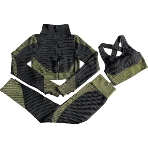 3Pcs Seamless Yoga Set Long Sleeve Sportsuits Fitness Tracksuits Zipper Shirts+Gym Leggings+Sport Bra Workout Trainning Sets