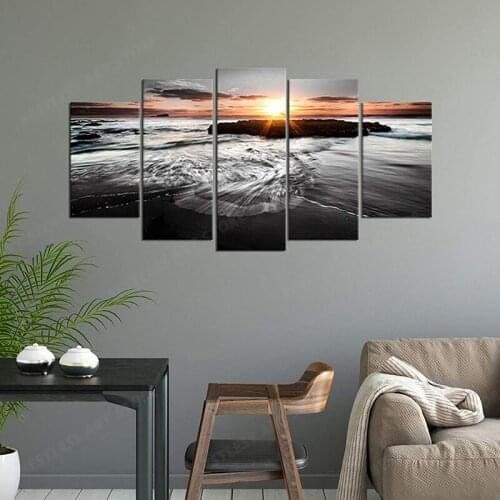 5 Panels Large Sea Sunrise Paintings on Canvas Wall Art Modern Seascape Black And White Ocean Beach Photos Giclee Prints Artwork