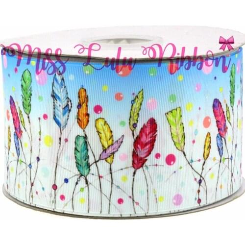 6mm-75mm Colorful Dots and Feather Grosgrain Ribbon DIY Wedding&Christmas&Party Decoration Webbing 50yards/roll MD170908-75-8508