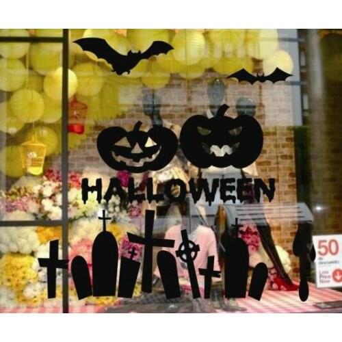 Happy Halloween Large Wall Stickers Castle Bat Cemetery Pumpkin Lantern Glass Decal Window Stickers Posters Vinyl