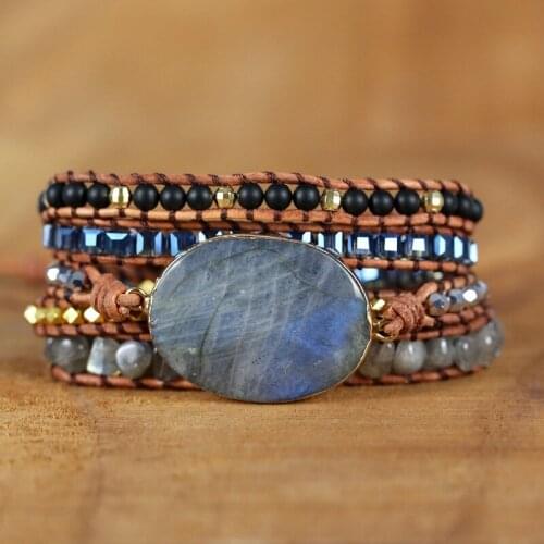 2020 newest Exclusive Labradorite stone charm bracelet Women vintage leather Wrap Bracelet Boho jewelry gift Dropshipping