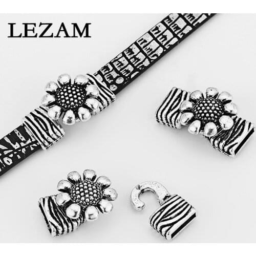 5 Sets Antique Carved Stripe Sunflower Shaped Bracelet Hook Clasp Beads Fit 10*2mm Flat Leather Cord Jewelry Findings