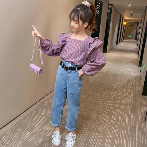 2021 Spring Autumn Toddler Kids Baby Girl Clothes Sets Children Girls Long Sleeve Plaid Shirt Top+Denim Pants Jeans Outfits D486