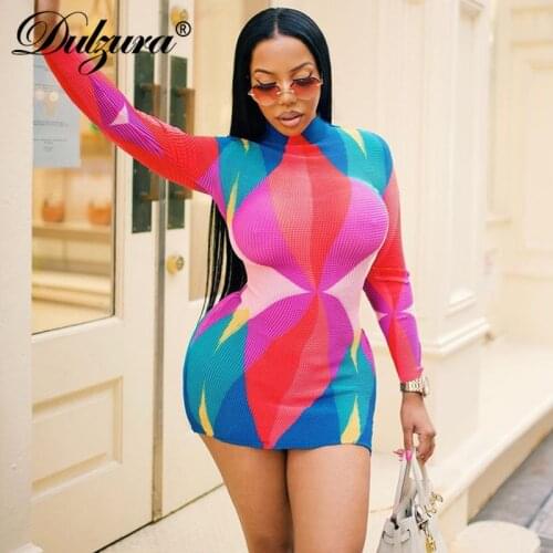 Dulzura Geometry Print Women Long Sleeve Mini Dress O Neck Bodycon Slim Sexy Streetwear Party Club 2021 Autumn Winter Clothes