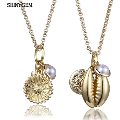 European Style Fashion Imitation Shell Daisy Flower Pearl Pendant Choker Necklace 45mm Gold Plating Chain For Women Jewellery