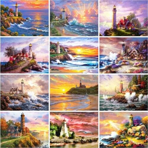 EverShine Full Drill Square Diamond Painting Landscape 5D Diamond Embroidery Lighthouse Rhinestones Mosaic Seaside Home Decor