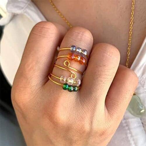 Anxiety Rings Balls Multicolor Glass Fidget Spinner Fidget Beads Ring Bohemia Style Rotating Freely Finger Ring Jewelry KBR035