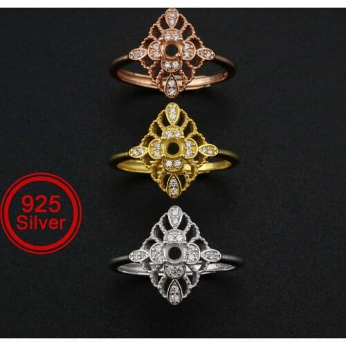 3MM Round Prong Ring Settings Vintage Style Solid 925 Sterling Silver Rose Gold Plated DIY Set Size Adjustable Ring 1210098
