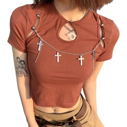 Y2K Aestheticsc Hollow Out Chain Trim Crop Tops Y2K Fashion Cute O-neck Slit Hem Short Sleeve T-shirts E-girl Baby Tee