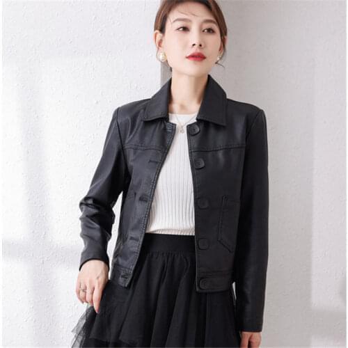 2021 Spring Autumn New Fashion Simple Trendy Short PU Lleather Jacket Women Korean Black Motorcycle Leather Jacket Ladies e196
