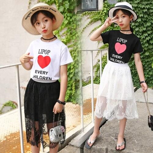 2018 Summer Girls Two Piece Suit cute Love T-shirt lace skir School Style Childrens Clothing Sets 4 5 6 7 8 9 10 11 12 14 Ages