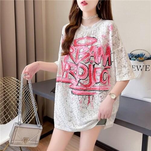 Summer new short-sleeved letter printing round neck hollow lace mid-length blouse large size loose wild T-shirt women