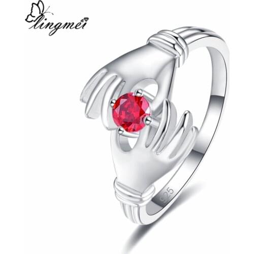 Lingmei Wholesale New Arrival Claddagh Style Round Cut Red & White Zircon Silver Color Wedding Jewelry Ring for Women Size 6-9