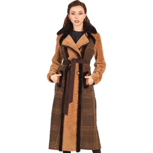 MODAQUEEN Store Women Genuine Mink Fur Stripes Accessory Plaid Pattern Whiskey Color Lamb Pelage Custom Design Coat 2016-V