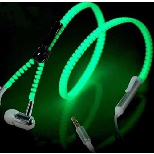 Fashion Glow In The Dark Earphone Metal Wired Earbuds With Mic Glowing Zipper Headset Luminous Light Stereo Handsfree Earphone