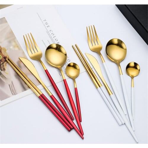 5 in 1 set Cutlery Set Stainless Steel Spoon Fork Chopsticks Knife Nordic Portable Tableware Suit for School Travel Camping