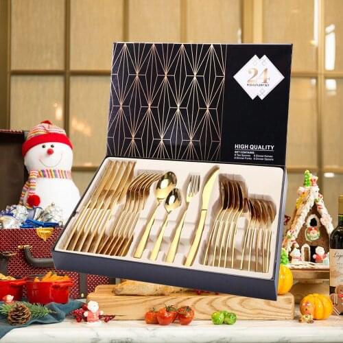 24PCS Tableware Gold Cutlery Set Dishes Dinnerware Knives Forks Spoons Western Kitchen 18/10 Stainless Steel Dinner Gift