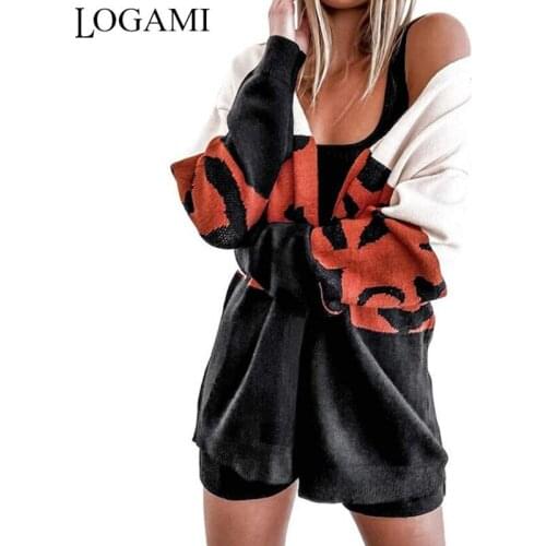 LOGAMI Contrasting Color Sweater Long Leopard Knit Stitching Cardigan Women Losse Casual Vintage Cardigans 2020 New