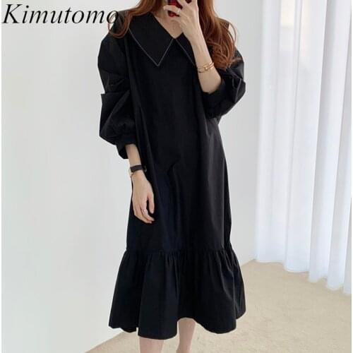 Kimutomo Vintage Ladies Dress Autumn 2020 Sailor Collar Lantern Sleeve High Waist Clothes Female Solid Ruffles Vestidos Chic