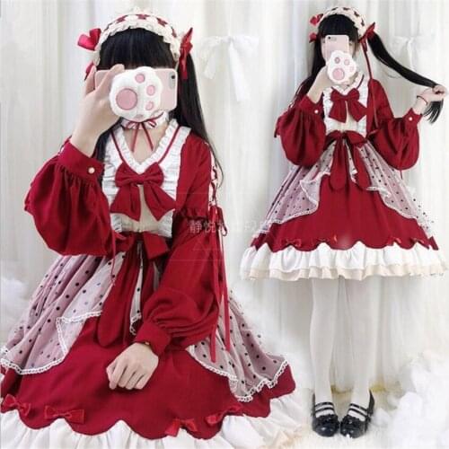 Japanese Lolita OP Dress Sweet Girls High-waist Layered Ruffle Button Bow Women Party Cosplay Costume B1844