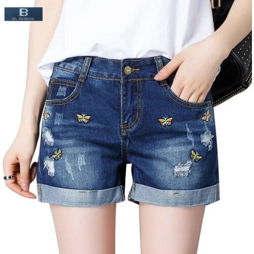 [EL BARCO] 2017 Denim Cotton Butterfly Embroidery Fashion Shorts Women Summer Ripped Holes High Waist Blue Female Short Jeans