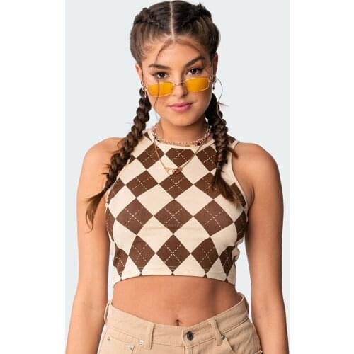 Womens Summer Tank Tops, Cute Argyle Print Sleeveless Round Neck Slim Fit Crop Tops