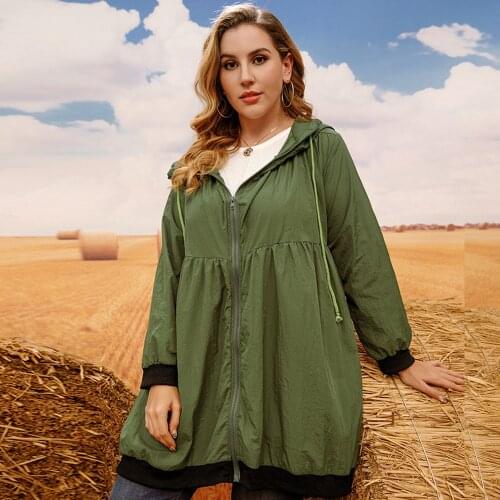 5XL Plus Size Coat Women Spring Autumn Fashion Hooded Trench Coat Army Green Loose Oversized Outerwear